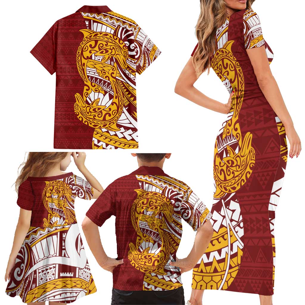 Couple Dolphins Maori Motif Family Matching Short Sleeve Bodycon Dress and Hawaiian Shirt LT9 - Polynesian Pride