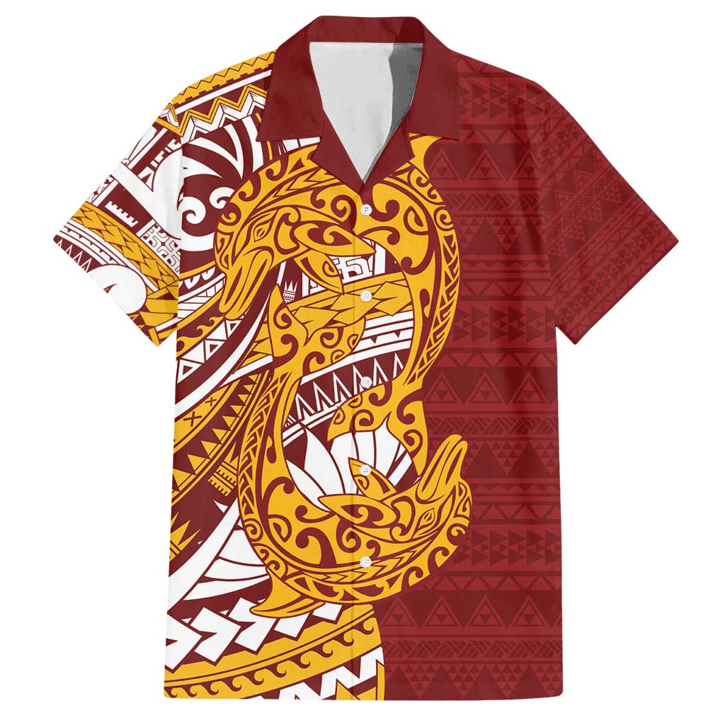 Couple Dolphins Maori Motif Family Matching Summer Maxi Dress and Hawaiian Shirt LT9 Dad's Shirt - Short Sleeve Burgundy - Polynesian Pride