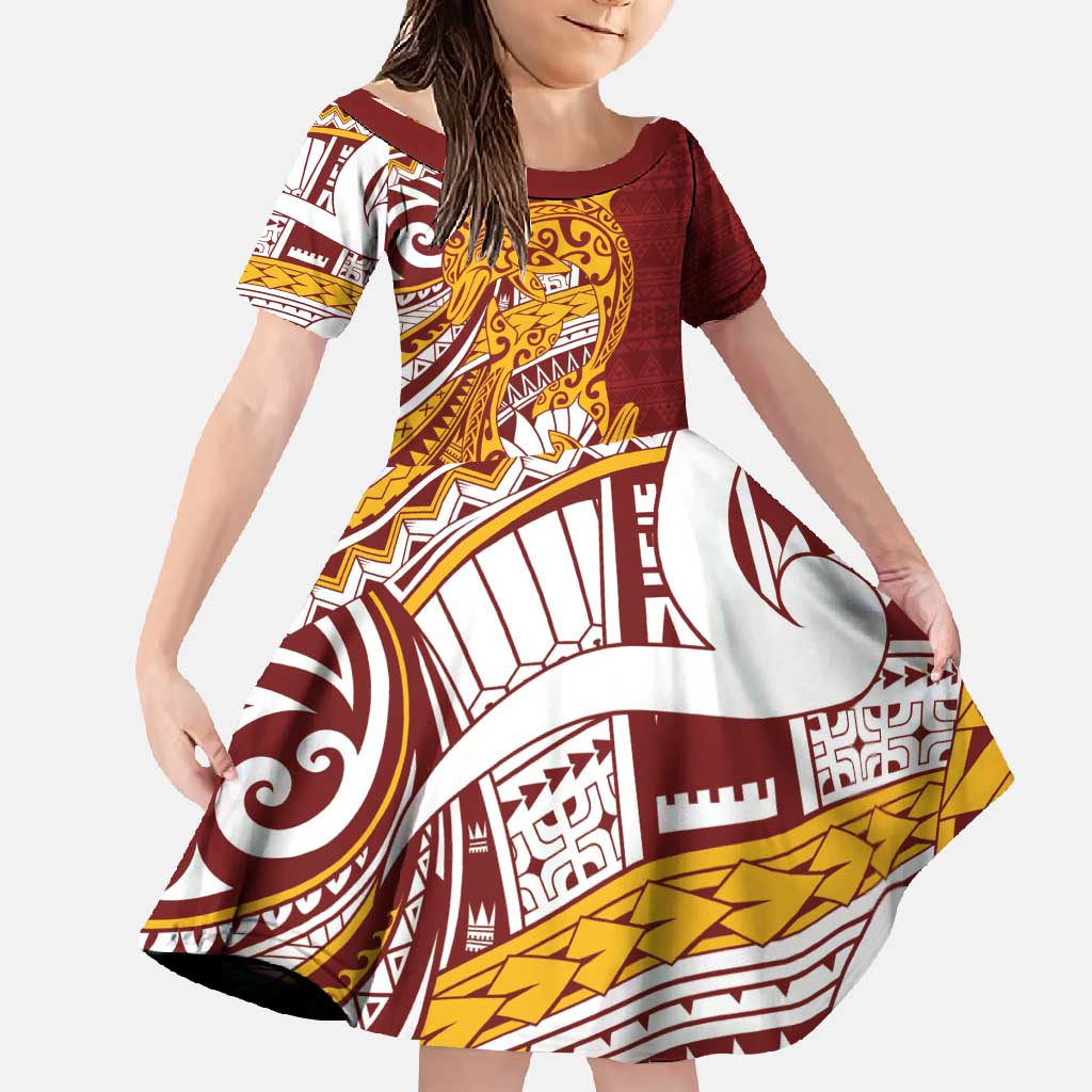 Couple Dolphins Maori Motif Family Matching Tank Maxi Dress and Hawaiian Shirt LT9 Daughter's Dress Burgundy - Polynesian Pride