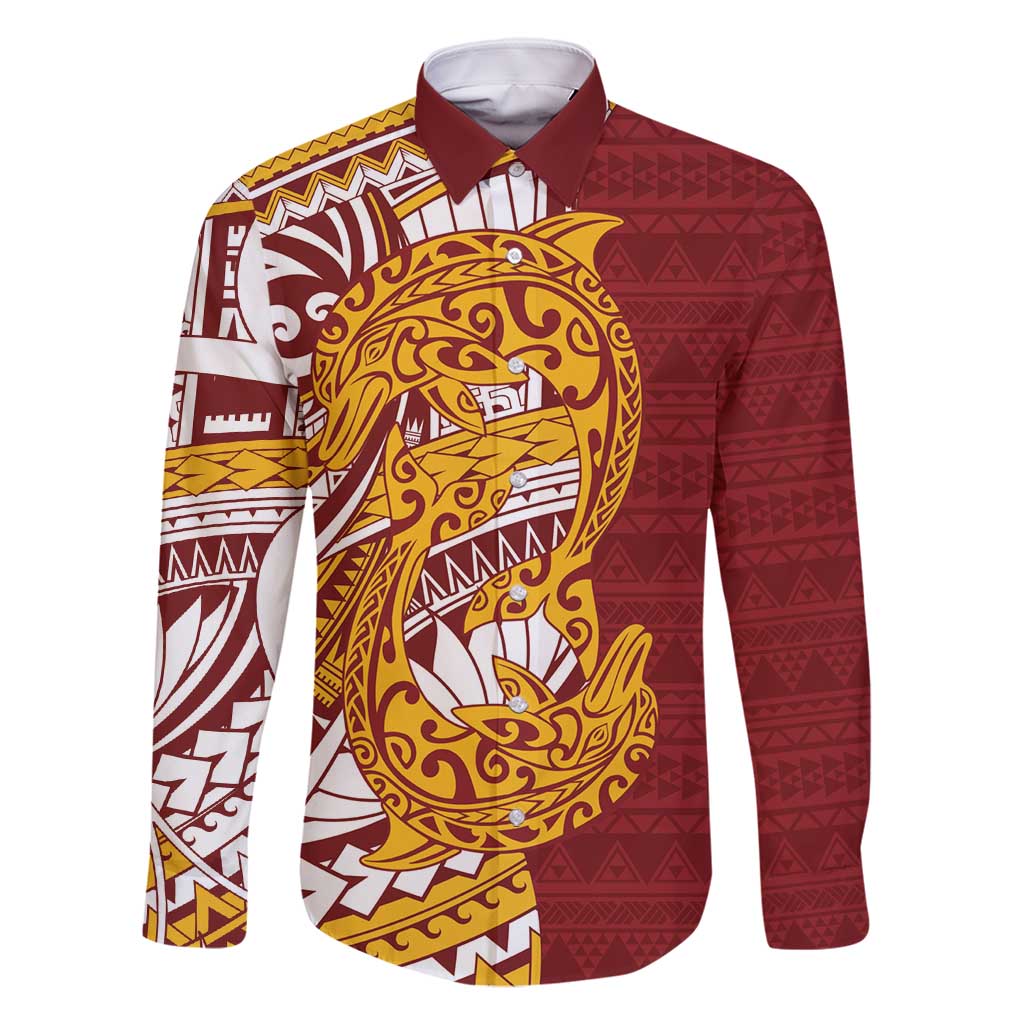 Couple Dolphins Maori Motif Family Matching Tank Maxi Dress and Hawaiian Shirt LT9 Dad's Shirt - Long Sleeve Burgundy - Polynesian Pride