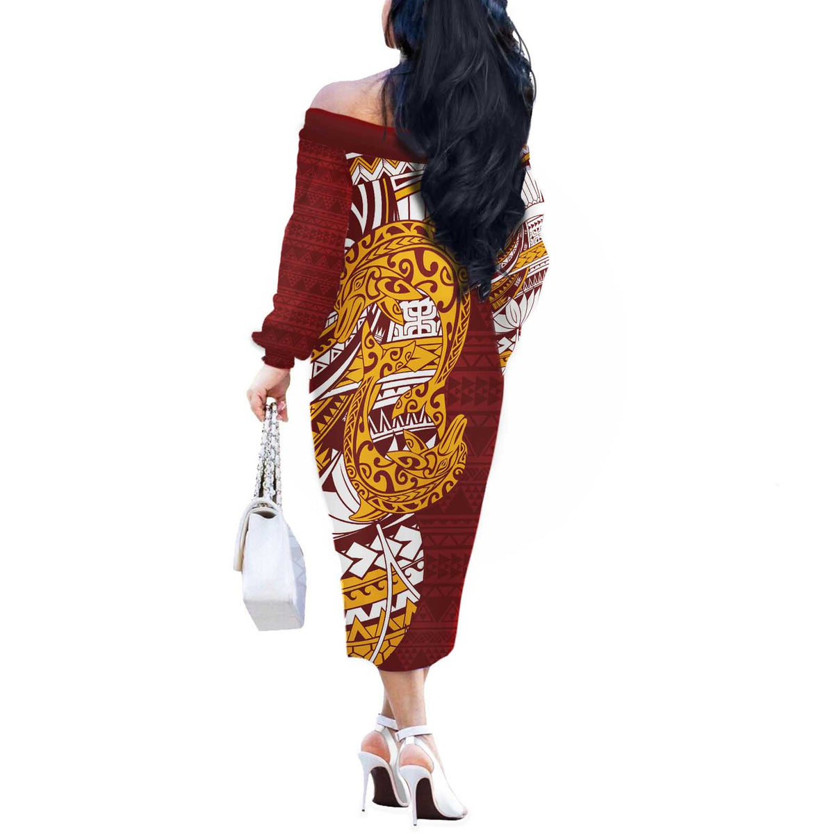 Couple Dolphins Maori Motif Off The Shoulder Long Sleeve Dress - Polynesian Pride