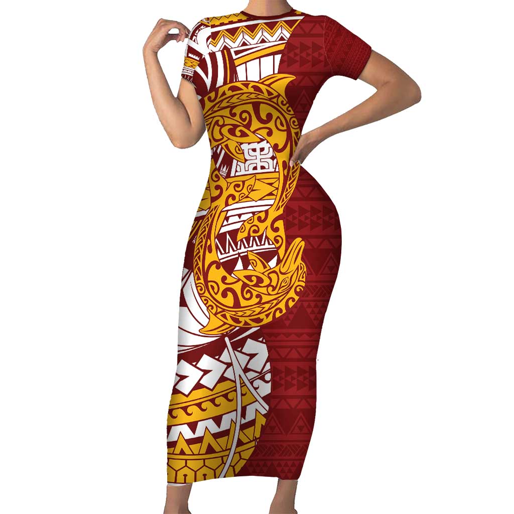 Couple Dolphins Maori Motif Short Sleeve Bodycon Dress - Polynesian Pride