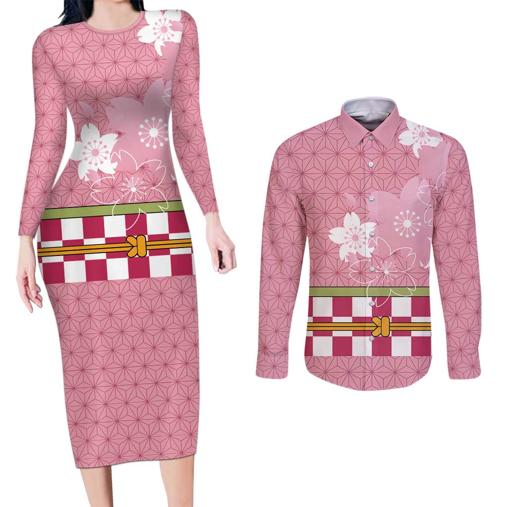 Japanese Asanoha Pattern Couples Matching Long Sleeve Bodycon Dress and Long Sleeve Button Shirt Charm Against Evil Spirits LT9 Pink - Polynesian Pride