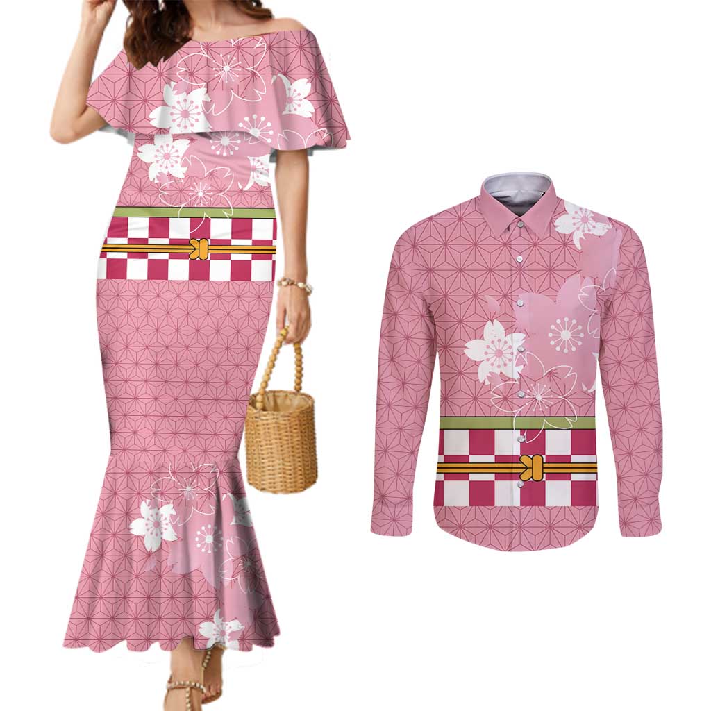 Japanese Asanoha Pattern Couples Matching Mermaid Dress and Long Sleeve Button Shirt Charm Against Evil Spirits - Polynesian Pride