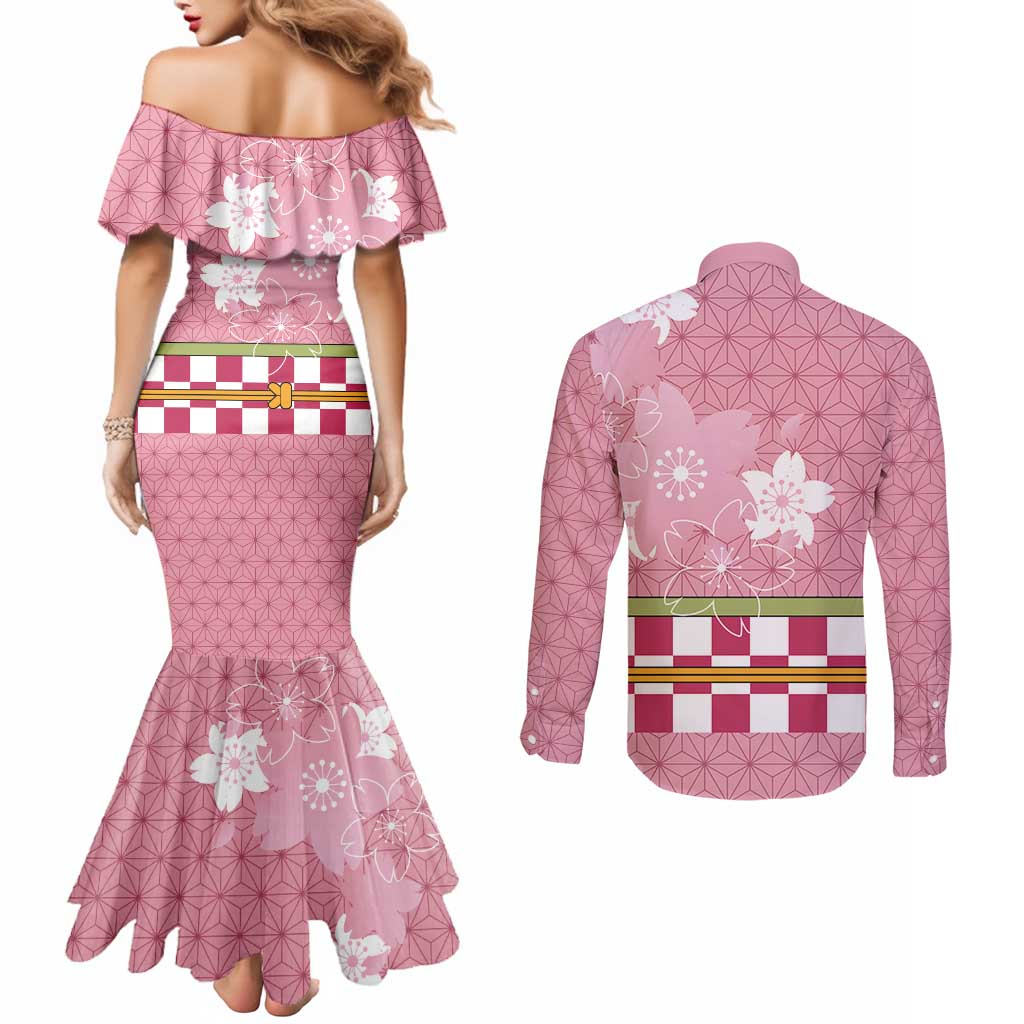 Japanese Asanoha Pattern Couples Matching Mermaid Dress and Long Sleeve Button Shirt Charm Against Evil Spirits - Polynesian Pride