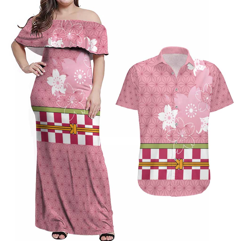 Japanese Asanoha Pattern Couples Matching Off Shoulder Maxi Dress and Hawaiian Shirt Charm Against Evil Spirits LT9 Pink - Polynesian Pride