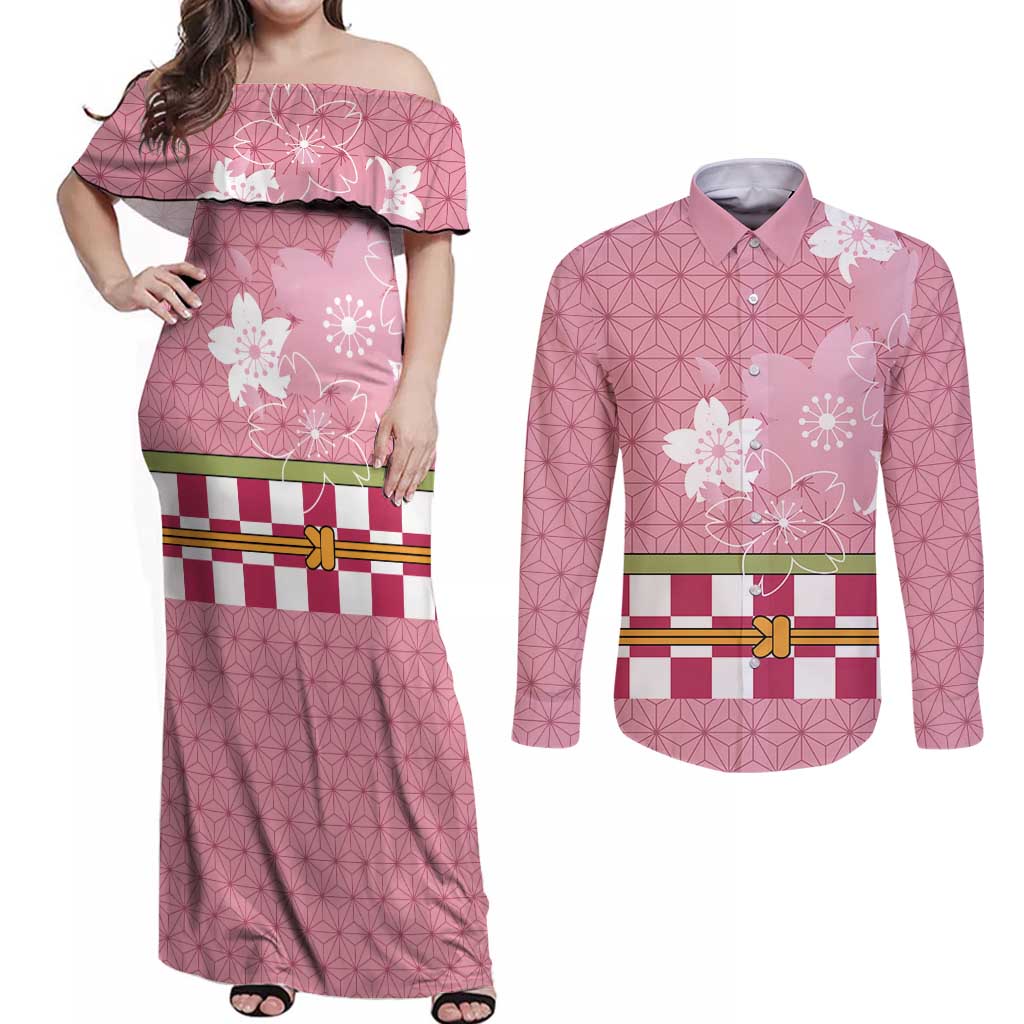 Japanese Asanoha Pattern Couples Matching Off Shoulder Maxi Dress and Long Sleeve Button Shirt Charm Against Evil Spirits LT9 Pink - Polynesian Pride