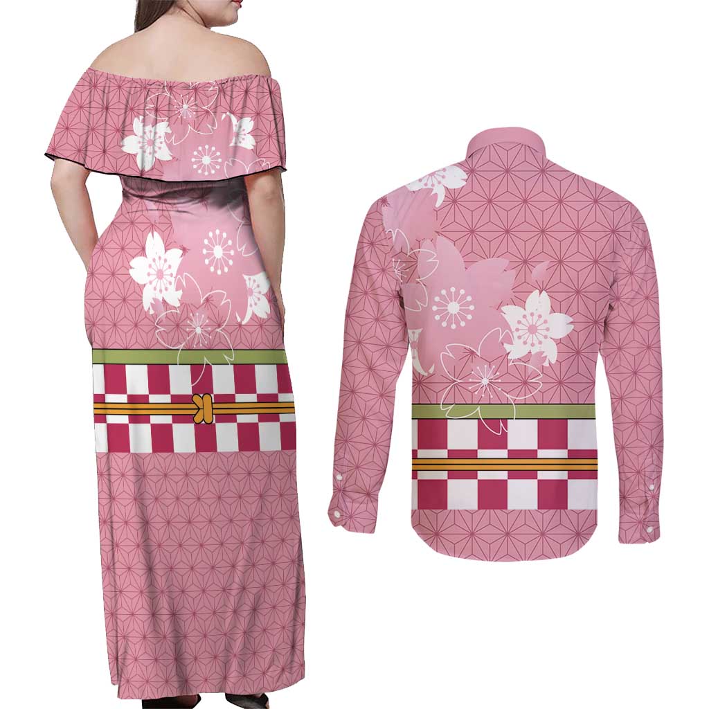 Japanese Asanoha Pattern Couples Matching Off Shoulder Maxi Dress and Long Sleeve Button Shirt Charm Against Evil Spirits - Polynesian Pride