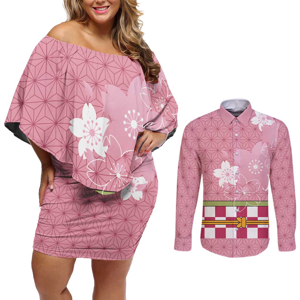 Japanese Asanoha Pattern Couples Matching Off Shoulder Short Dress and Long Sleeve Button Shirt Charm Against Evil Spirits LT9 Pink - Polynesian Pride