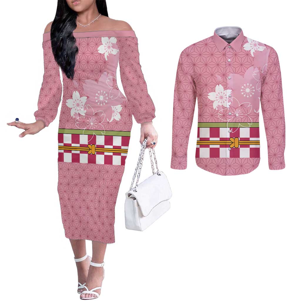 Japanese Asanoha Pattern Couples Matching Off The Shoulder Long Sleeve Dress and Long Sleeve Button Shirt Charm Against Evil Spirits - Polynesian Pride