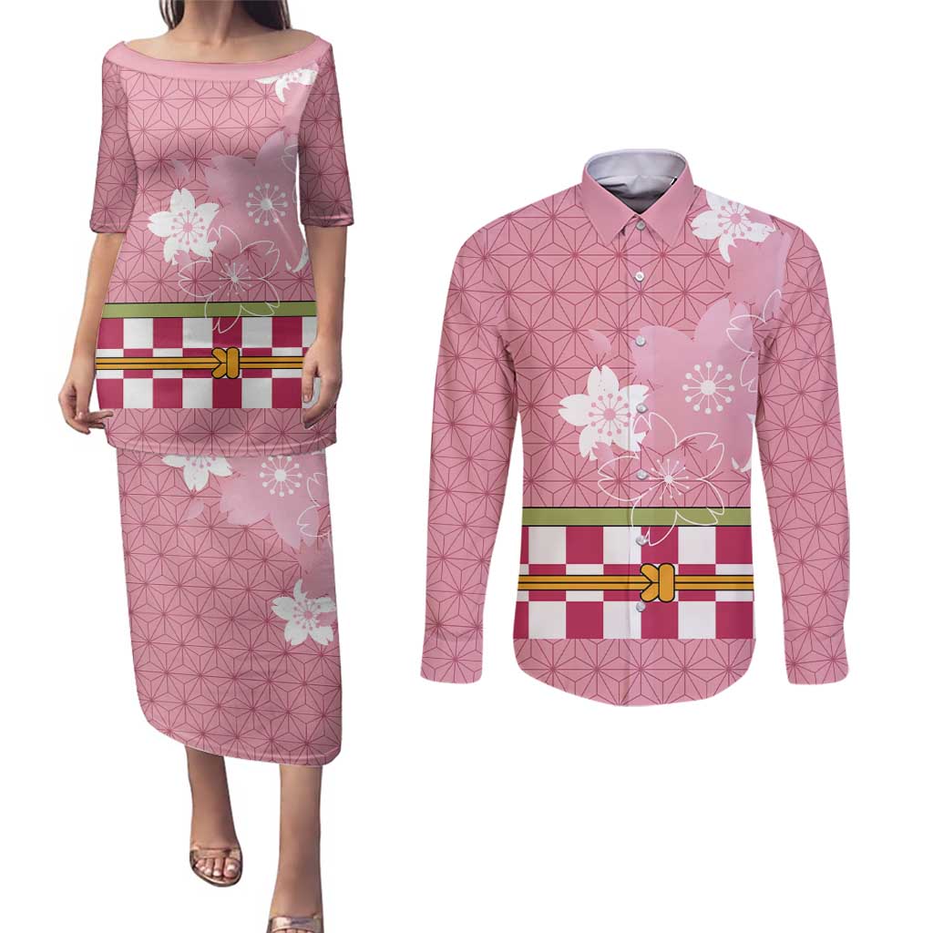 Japanese Asanoha Pattern Couples Matching Puletasi and Long Sleeve Button Shirt Charm Against Evil Spirits - Polynesian Pride