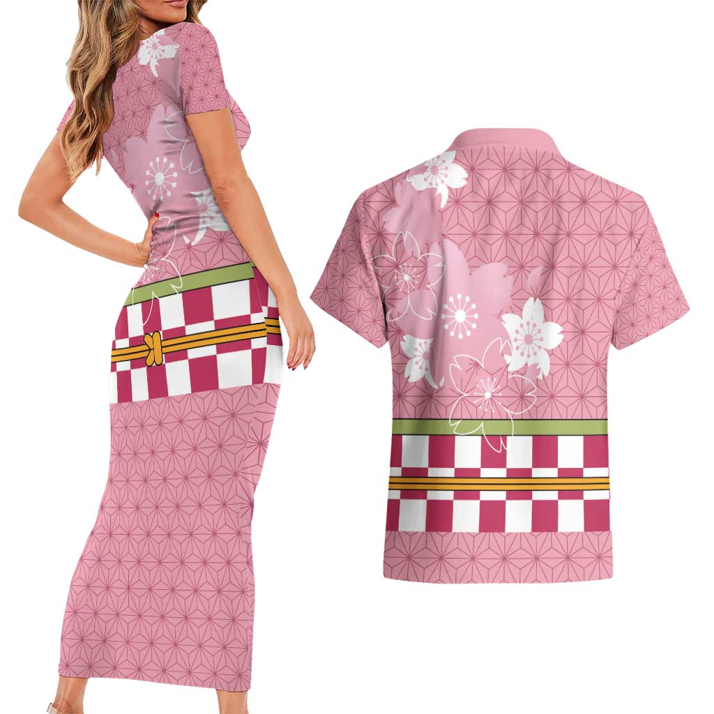 Japanese Asanoha Pattern Couples Matching Short Sleeve Bodycon Dress and Hawaiian Shirt Charm Against Evil Spirits - Polynesian Pride