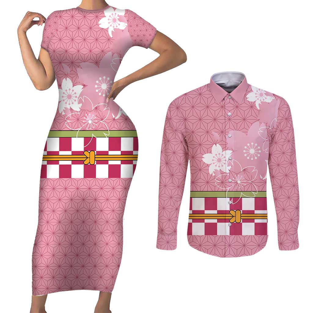 Japanese Asanoha Pattern Couples Matching Short Sleeve Bodycon Dress and Long Sleeve Button Shirt Charm Against Evil Spirits LT9 Pink - Polynesian Pride