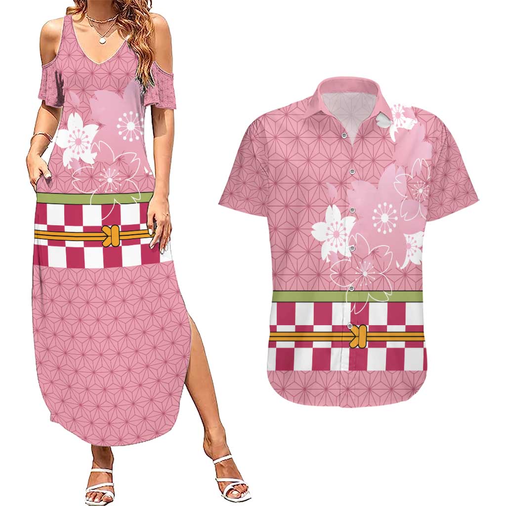 Japanese Asanoha Pattern Couples Matching Summer Maxi Dress and Hawaiian Shirt Charm Against Evil Spirits LT9 Pink - Polynesian Pride