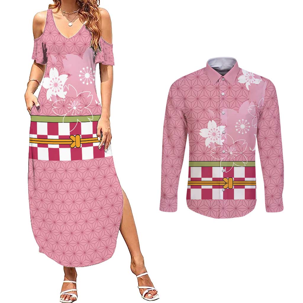 Japanese Asanoha Pattern Couples Matching Summer Maxi Dress and Long Sleeve Button Shirt Charm Against Evil Spirits LT9 Pink - Polynesian Pride