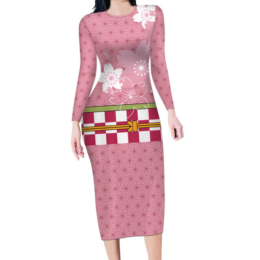 Japanese Asanoha Pattern Family Matching Long Sleeve Bodycon Dress and Hawaiian Shirt Charm Against Evil Spirits LT9 Mom's Dress Pink - Polynesian Pride