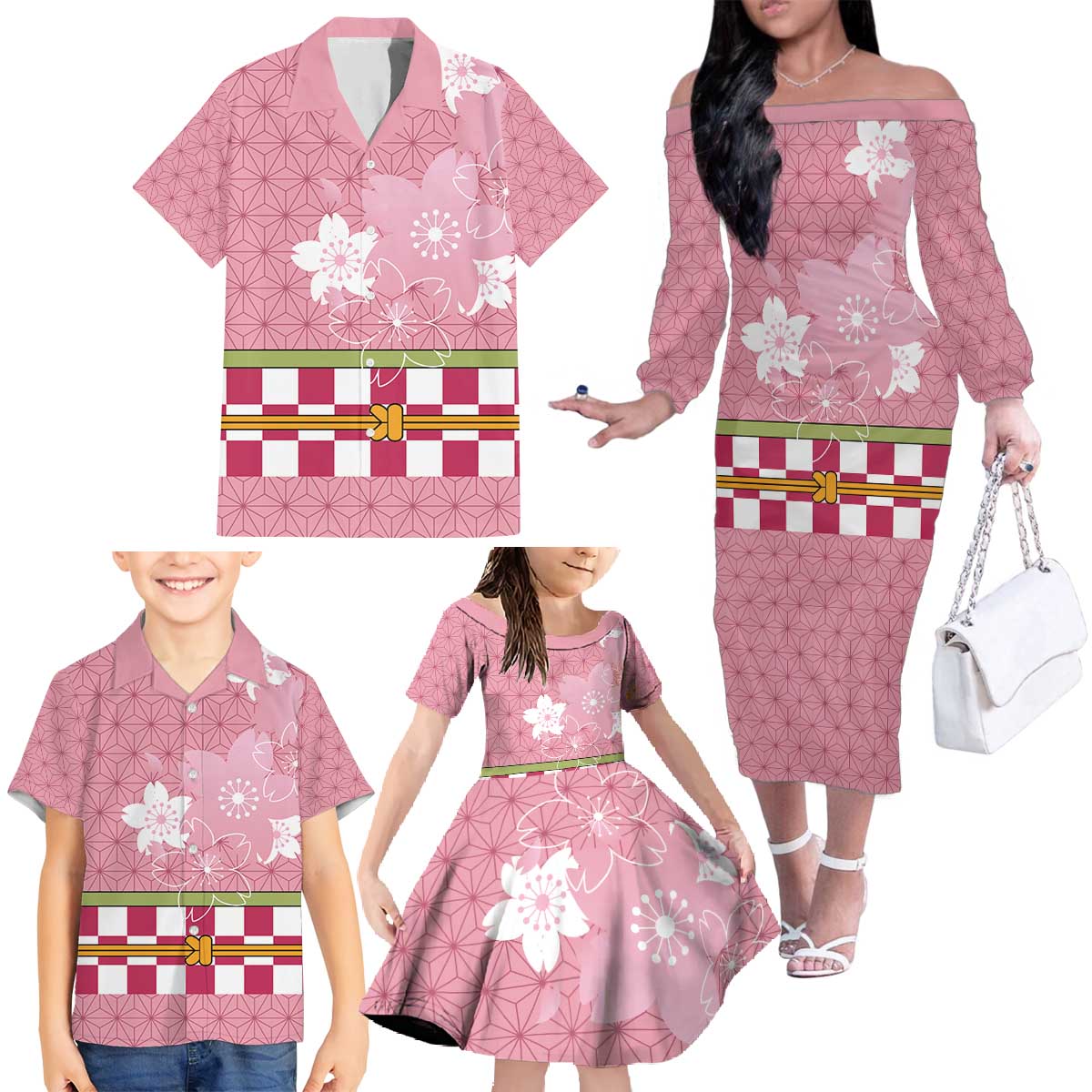 Japanese Asanoha Pattern Family Matching Off The Shoulder Long Sleeve Dress and Hawaiian Shirt Charm Against Evil Spirits LT9 - Polynesian Pride