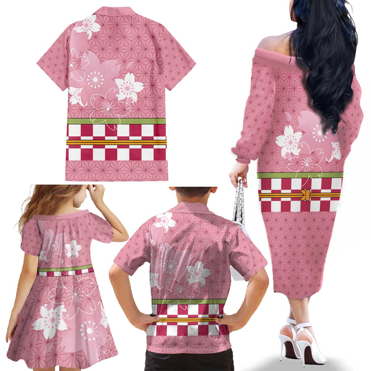 Japanese Asanoha Pattern Family Matching Off The Shoulder Long Sleeve Dress and Hawaiian Shirt Charm Against Evil Spirits LT9 - Polynesian Pride