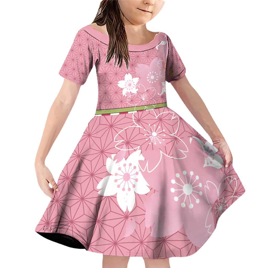 Japanese Asanoha Pattern Family Matching Off Shoulder Short Dress and Hawaiian Shirt Charm Against Evil Spirits LT9 Daughter's Dress Pink - Polynesian Pride
