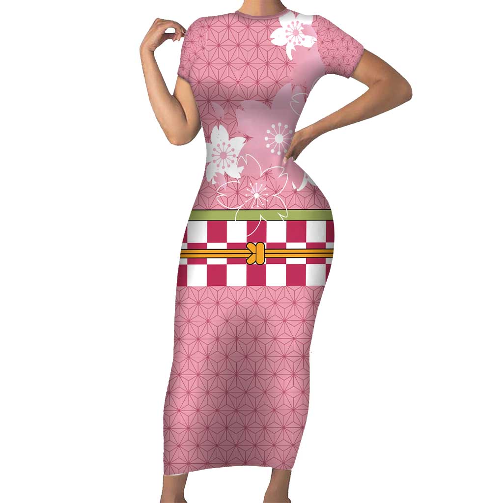 Japanese Asanoha Pattern Short Sleeve Bodycon Dress Charm Against Evil Spirits LT9 Long Dress Pink - Polynesian Pride