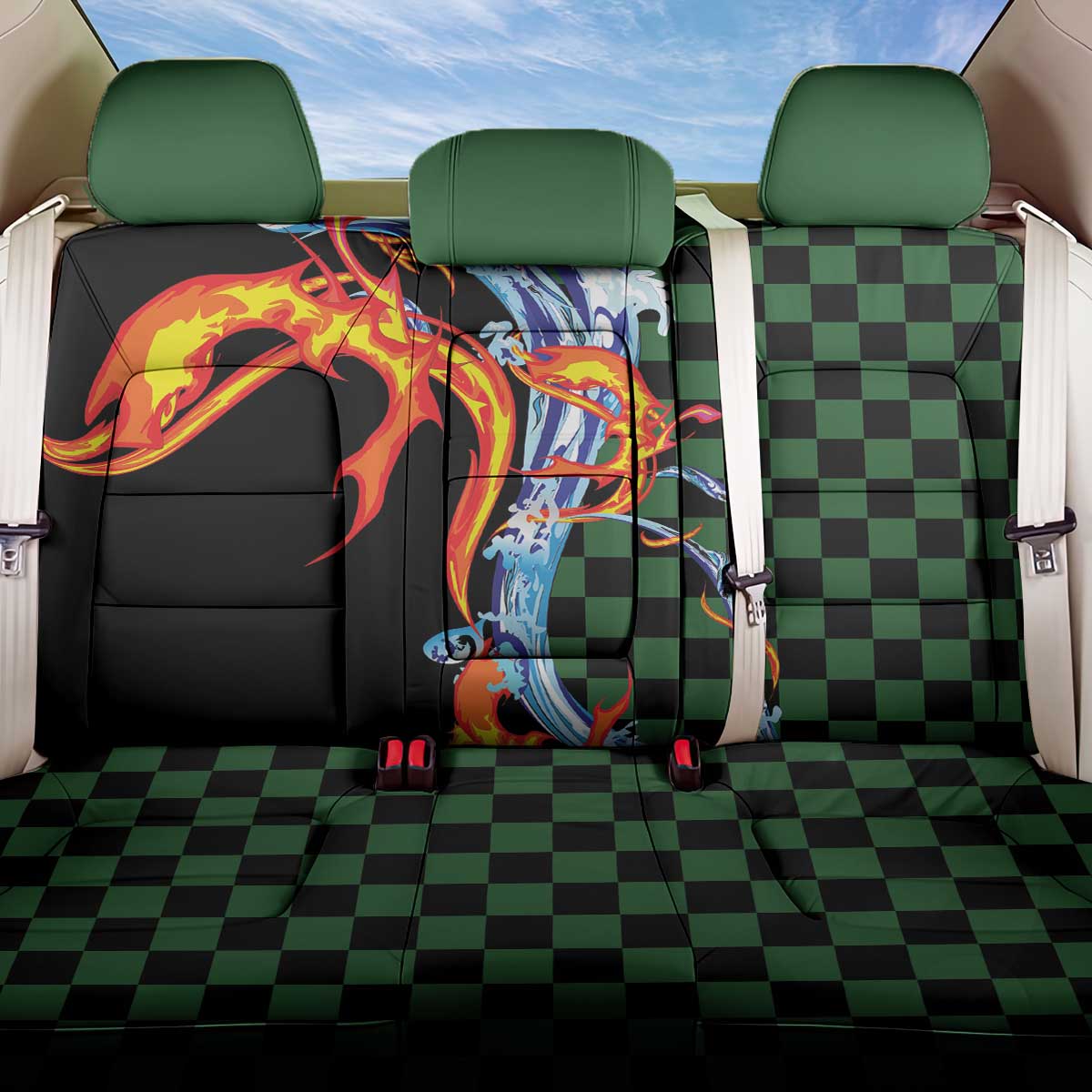 Japanese Asanoha Pattern Back Car Seat Cover Sun Flame Slayer Dragon Hinokami Kagura Spirit LT9 One Size Green - Polynesian Pride