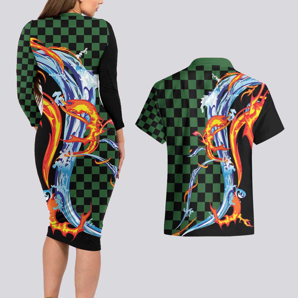 Japanese Asanoha Pattern Couples Matching Long Sleeve Bodycon Dress and Hawaiian Shirt Sun Flame Slayer Dragon Hinokami Kagura Spirit LT9 - Polynesian Pride