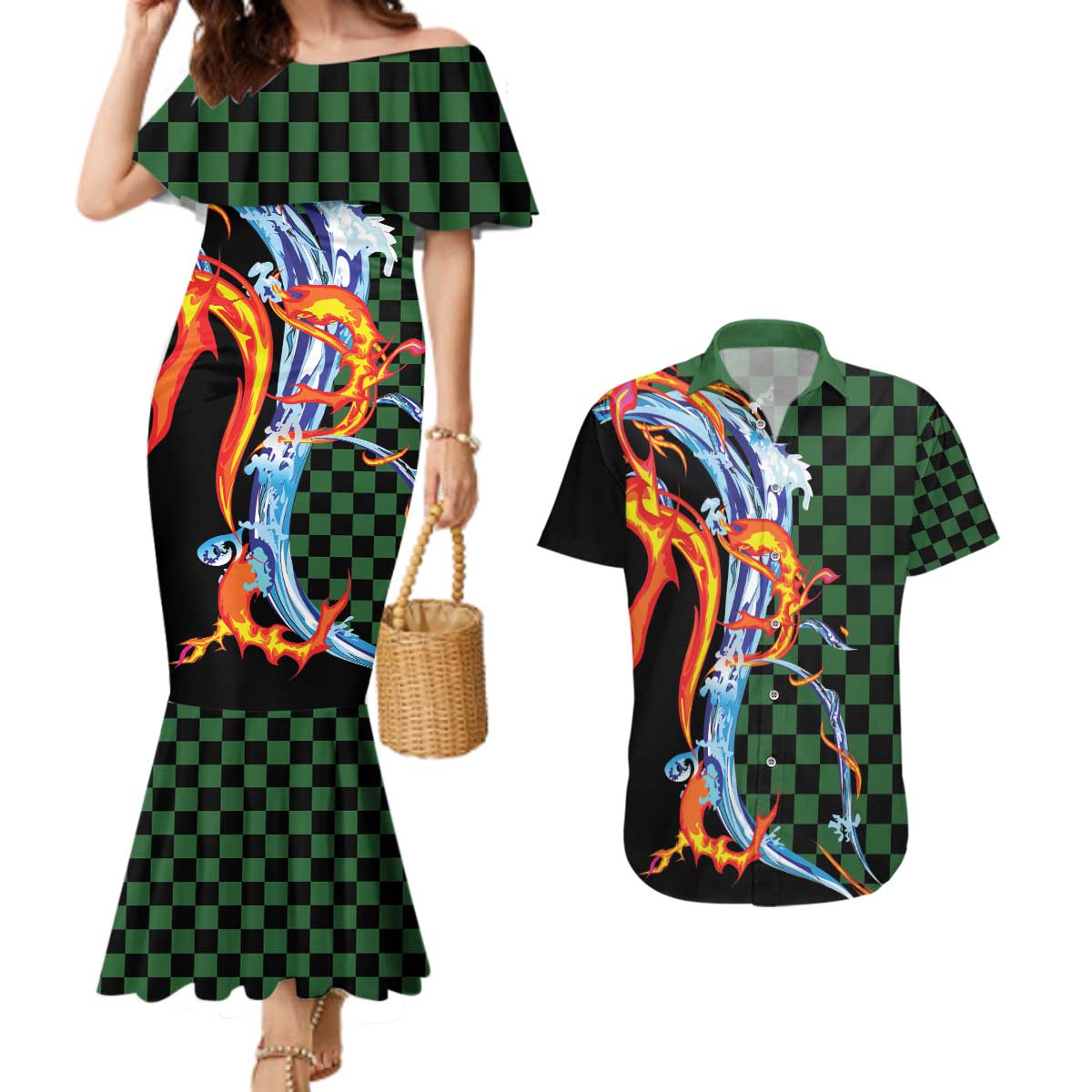Japanese Asanoha Pattern Couples Matching Mermaid Dress and Hawaiian Shirt Sun Flame Slayer Dragon Hinokami Kagura Spirit LT9 Green - Polynesian Pride