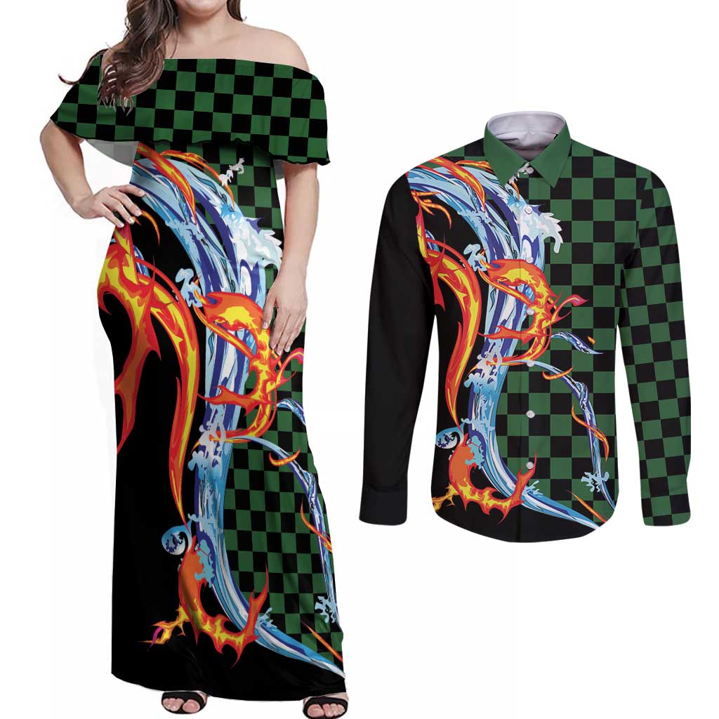 Japanese Asanoha Pattern Couples Matching Off Shoulder Maxi Dress and Long Sleeve Button Shirt Sun Flame Slayer Dragon Hinokami Kagura Spirit LT9 Green - Polynesian Pride