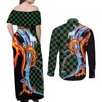 Japanese Asanoha Pattern Couples Matching Off Shoulder Maxi Dress and Long Sleeve Button Shirt Sun Flame Slayer Dragon Hinokami Kagura Spirit LT9 - Polynesian Pride