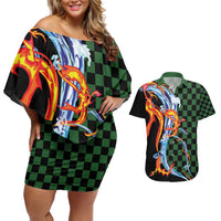 Japanese Asanoha Pattern Couples Matching Off Shoulder Short Dress and Hawaiian Shirt Sun Flame Slayer Dragon Hinokami Kagura Spirit LT9 Green - Polynesian Pride