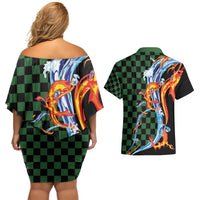 Japanese Asanoha Pattern Couples Matching Off Shoulder Short Dress and Hawaiian Shirt Sun Flame Slayer Dragon Hinokami Kagura Spirit LT9 - Polynesian Pride