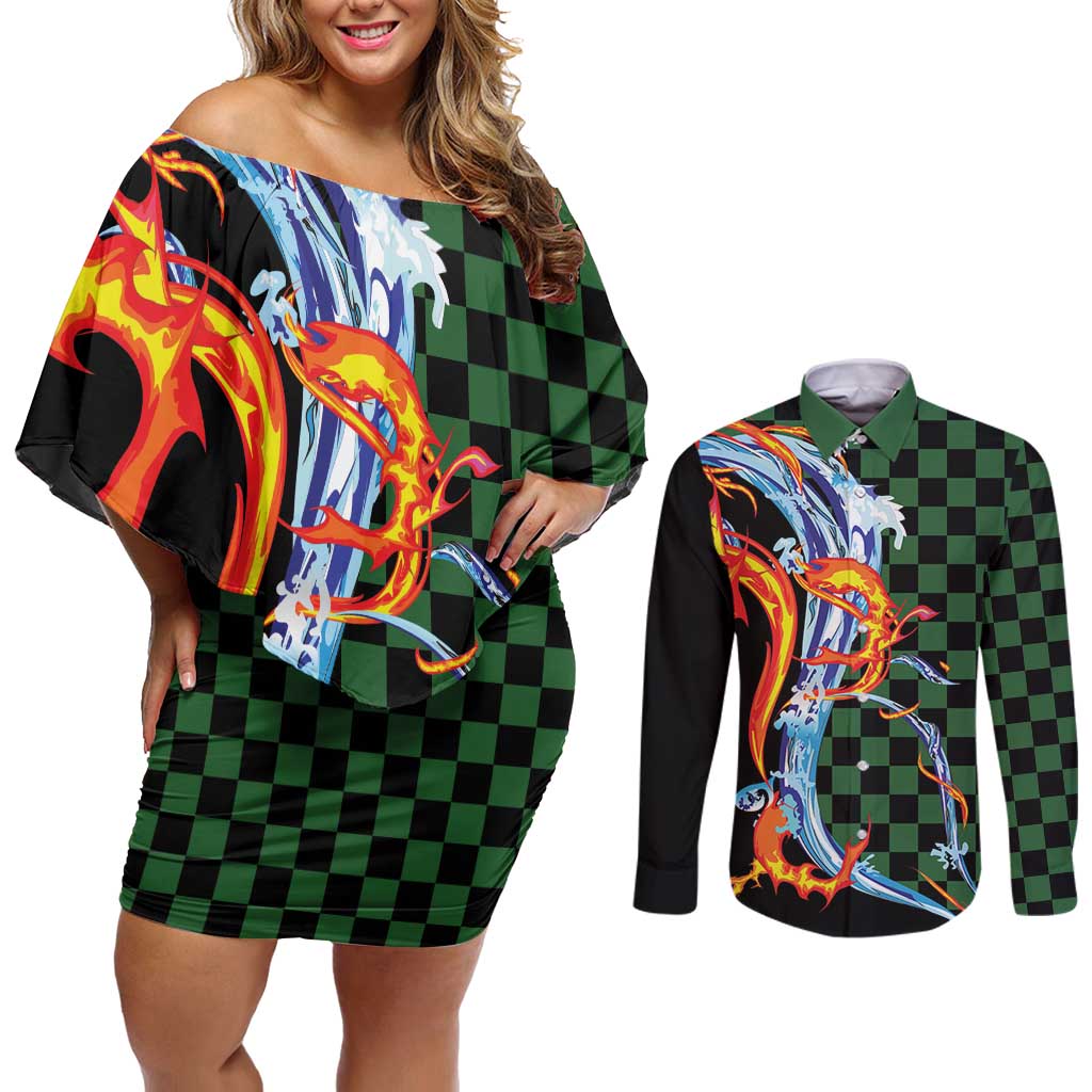 Japanese Asanoha Pattern Couples Matching Off Shoulder Short Dress and Long Sleeve Button Shirt Sun Flame Slayer Dragon Hinokami Kagura Spirit LT9 Green - Polynesian Pride