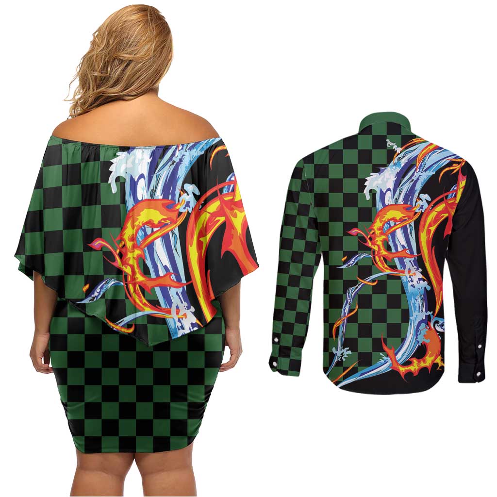 Japanese Asanoha Pattern Couples Matching Off Shoulder Short Dress and Long Sleeve Button Shirt Sun Flame Slayer Dragon Hinokami Kagura Spirit LT9 - Polynesian Pride