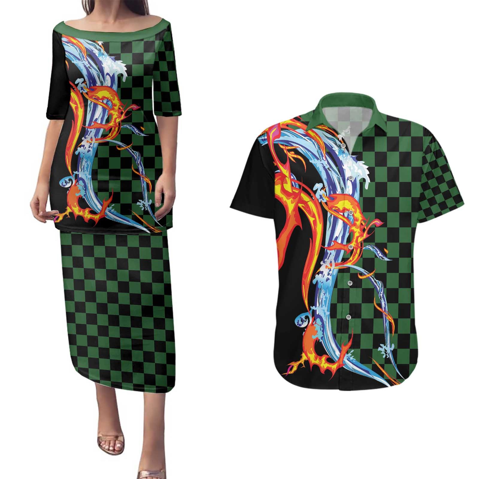 Japanese Asanoha Pattern Couples Matching Puletasi and Hawaiian Shirt Sun Flame Slayer Dragon Hinokami Kagura Spirit LT9 Green - Polynesian Pride