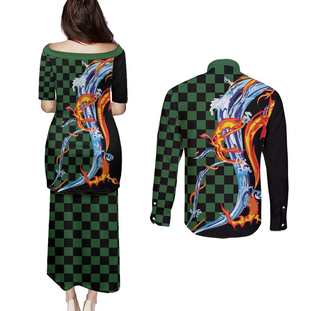 Japanese Asanoha Pattern Couples Matching Puletasi and Long Sleeve Button Shirt Sun Flame Slayer Dragon Hinokami Kagura Spirit LT9 - Polynesian Pride