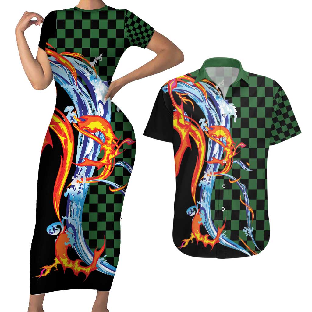 Japanese Asanoha Pattern Couples Matching Short Sleeve Bodycon Dress and Hawaiian Shirt Sun Flame Slayer Dragon Hinokami Kagura Spirit LT9 Green - Polynesian Pride