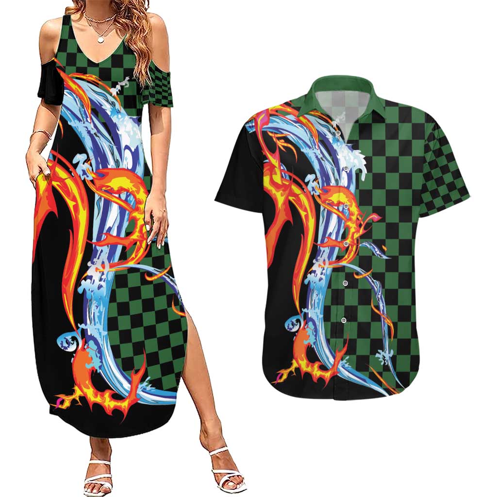 Japanese Asanoha Pattern Couples Matching Summer Maxi Dress and Hawaiian Shirt Sun Flame Slayer Dragon Hinokami Kagura Spirit LT9 Green - Polynesian Pride