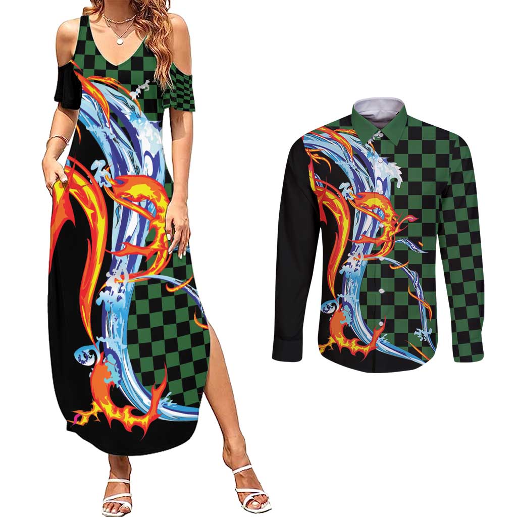 Japanese Asanoha Pattern Couples Matching Summer Maxi Dress and Long Sleeve Button Shirt Sun Flame Slayer Dragon Hinokami Kagura Spirit LT9 Green - Polynesian Pride
