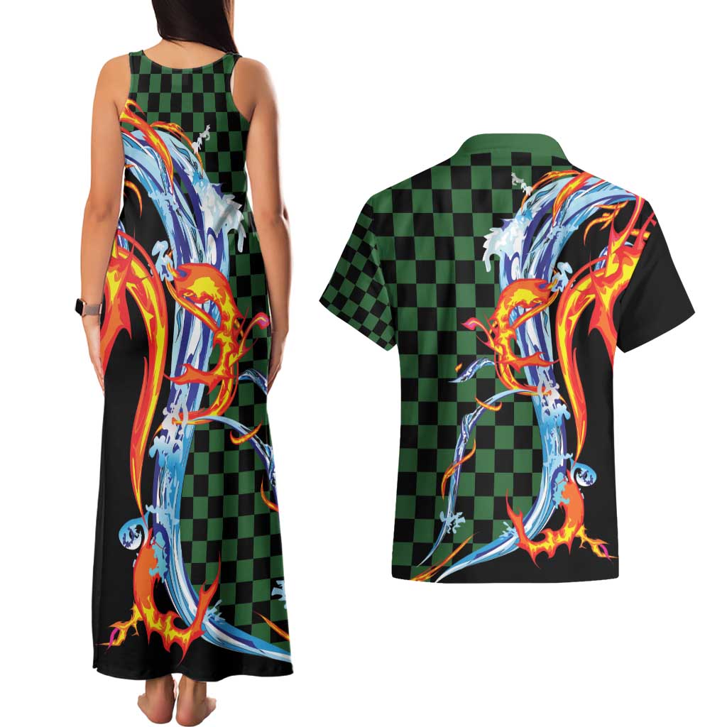 Japanese Asanoha Pattern Couples Matching Tank Maxi Dress and Hawaiian Shirt Sun Flame Slayer Dragon Hinokami Kagura Spirit LT9 - Polynesian Pride