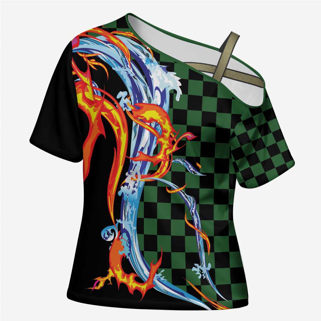 Japanese Asanoha Pattern Cross Shoulder Shirt Sun Flame Slayer Dragon Hinokami Kagura Spirit - Polynesian Pride