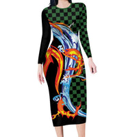 Japanese Asanoha Pattern Family Matching Long Sleeve Bodycon Dress and Hawaiian Shirt Sun Flame Slayer Dragon Hinokami Kagura Spirit LT9 Mom's Dress Green - Polynesian Pride