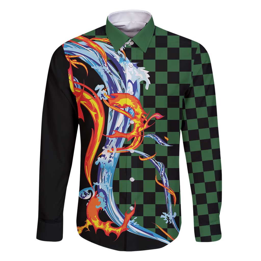 Japanese Asanoha Pattern Family Matching Mermaid Dress and Hawaiian Shirt Sun Flame Slayer Dragon Hinokami Kagura Spirit LT9 Dad's Shirt - Long Sleeve Green - Polynesian Pride