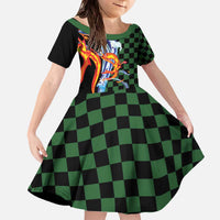 Japanese Asanoha Pattern Family Matching Off The Shoulder Long Sleeve Dress and Hawaiian Shirt Sun Flame Slayer Dragon Hinokami Kagura Spirit LT9 Daughter's Dress Green - Polynesian Pride