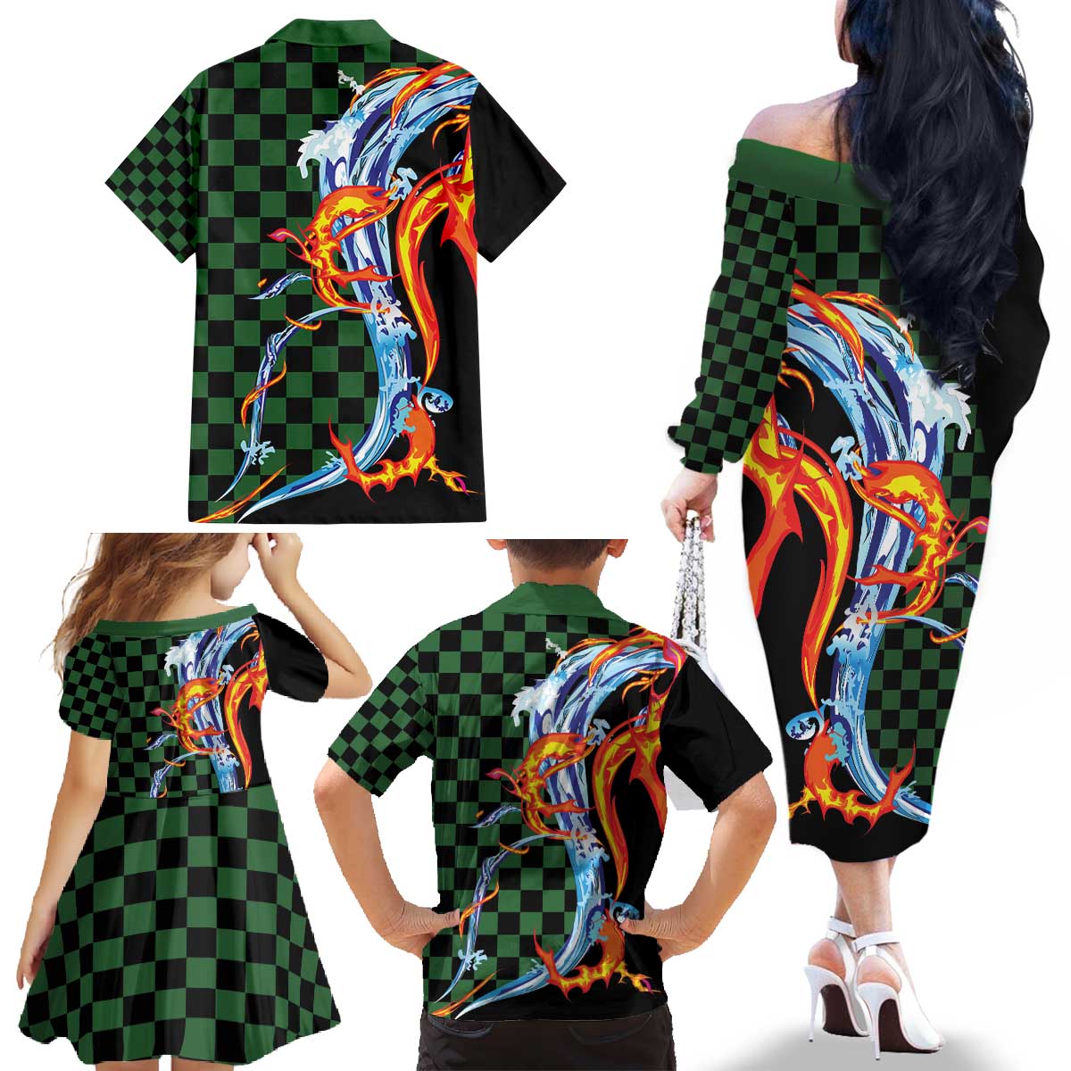 Japanese Asanoha Pattern Family Matching Off The Shoulder Long Sleeve Dress and Hawaiian Shirt Sun Flame Slayer Dragon Hinokami Kagura Spirit LT9 - Polynesian Pride
