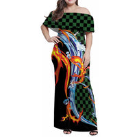 Japanese Asanoha Pattern Family Matching Off Shoulder Maxi Dress and Hawaiian Shirt Sun Flame Slayer Dragon Hinokami Kagura Spirit LT9 Mom's Dress Green - Polynesian Pride