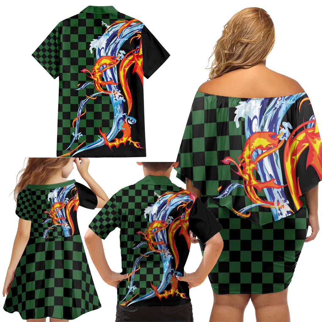 Japanese Asanoha Pattern Family Matching Off Shoulder Short Dress and Hawaiian Shirt Sun Flame Slayer Dragon Hinokami Kagura Spirit LT9 - Polynesian Pride