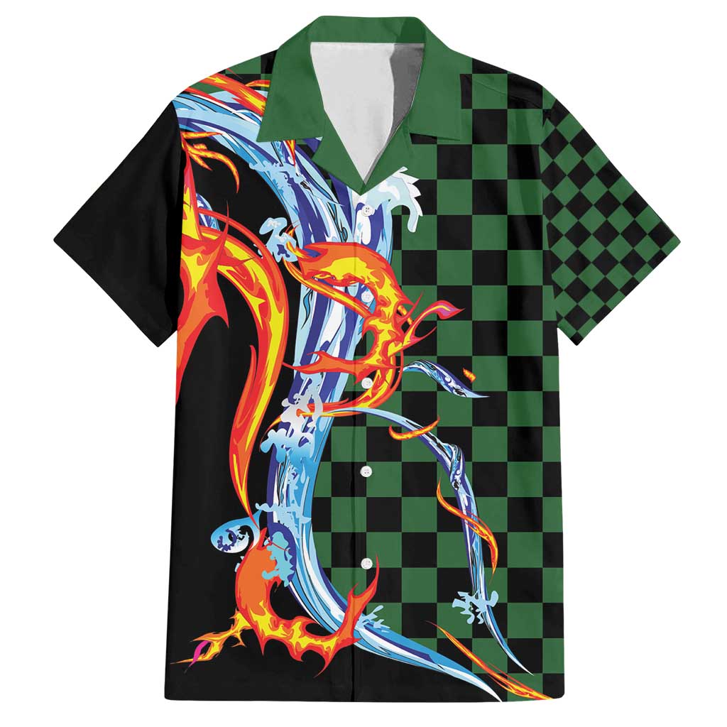Japanese Asanoha Pattern Family Matching Off Shoulder Short Dress and Hawaiian Shirt Sun Flame Slayer Dragon Hinokami Kagura Spirit LT9 Dad's Shirt - Short Sleeve Green - Polynesian Pride