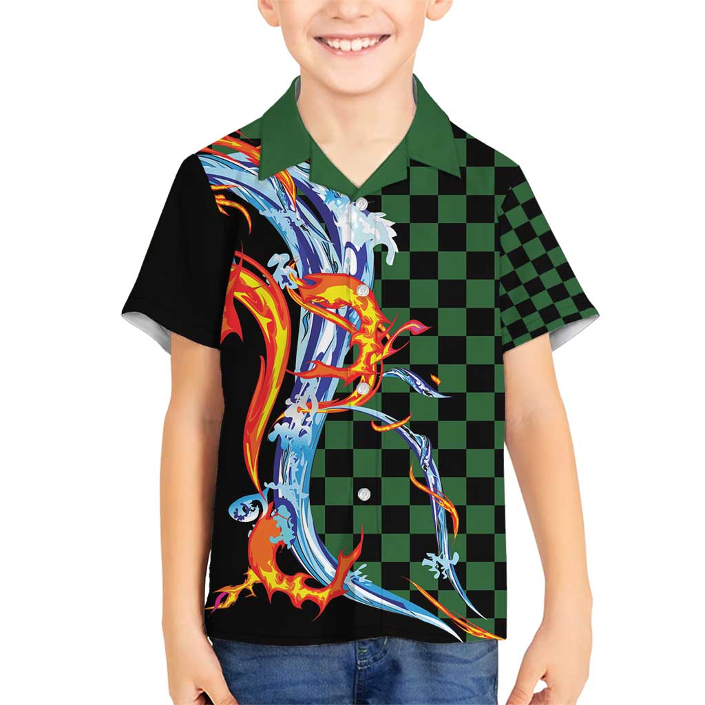 Japanese Asanoha Pattern Family Matching Off Shoulder Short Dress and Hawaiian Shirt Sun Flame Slayer Dragon Hinokami Kagura Spirit LT9 Son's Shirt Green - Polynesian Pride