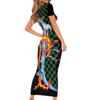 Japanese Asanoha Pattern Family Matching Short Sleeve Bodycon Dress and Hawaiian Shirt Sun Flame Slayer Dragon Hinokami Kagura Spirit LT9 - Polynesian Pride