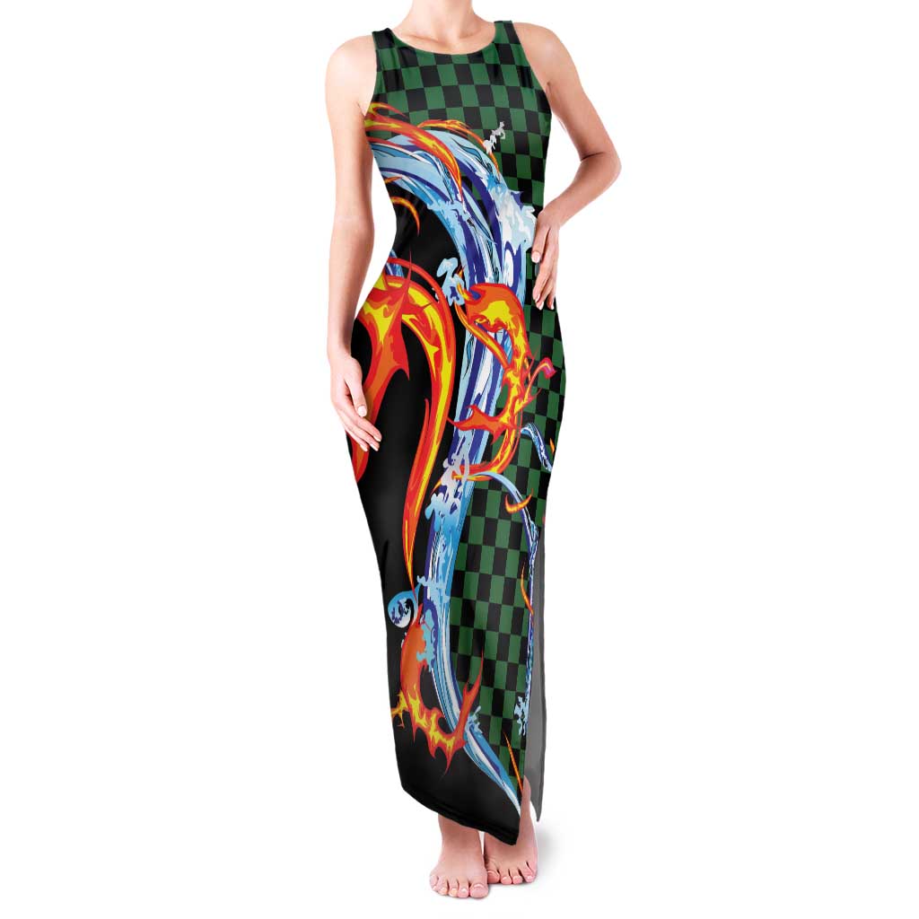 Japanese Asanoha Pattern Family Matching Tank Maxi Dress and Hawaiian Shirt Sun Flame Slayer Dragon Hinokami Kagura Spirit LT9 Mom's Dress Green - Polynesian Pride